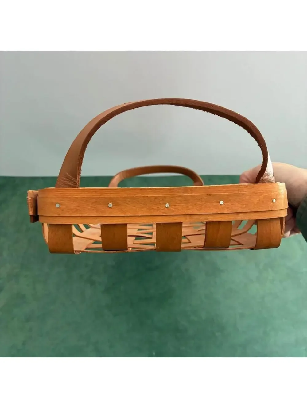Gerald E Henn Tobacco Basket Tray Rectangular Woven Wood Leather Handles